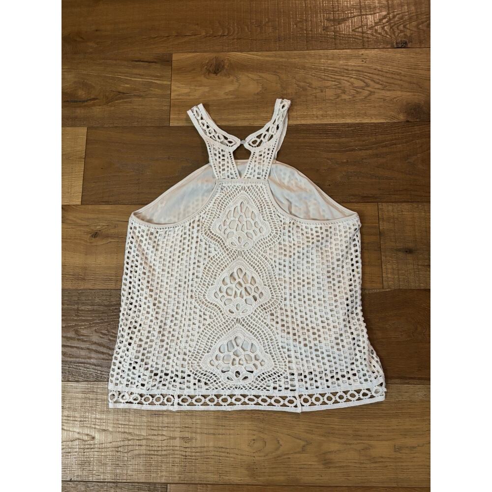 Ultra Pink Cream Crochet Halter Tank Top Boho Festival Lace Knit Sz L - Picture 7 of 7